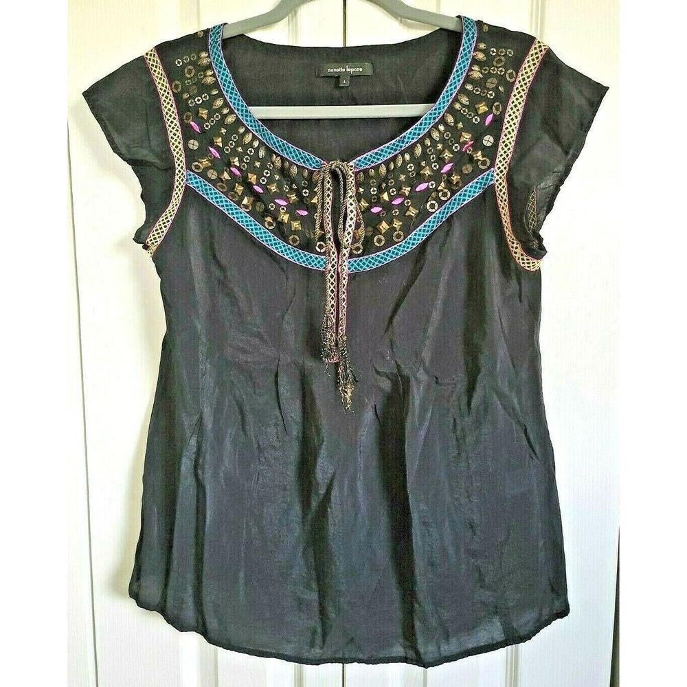 Nanette Lepore 4 Ribbon Closure Beaded Top Shirt Boho Chic Blouse Size Small (4)